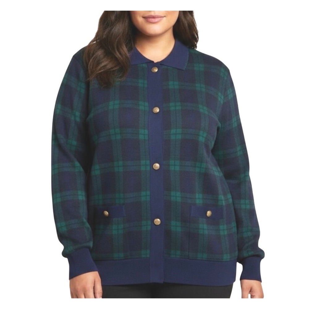 Vtg Knit Top Banded Hem Sweater Shirt NAVY & GREEN TARTAN Plaid Gold Buttons 2X